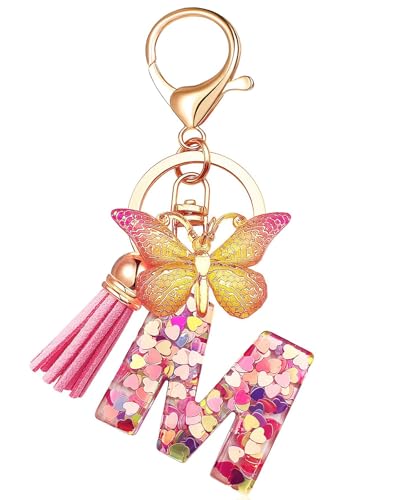Vorysum Schlüsselanhänger Kinder Schlüssel Buchstabe Anhänger Schmetterling Rosa Mit Anfangsbuchstaben Gold Schlüsselringe Herzförmig Harz Schlüsselanhänger Personalisiert Mädchen Keychain Geschenk-M von Vorysum