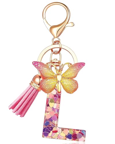 Vorysum Schlüsselanhänger Kinder Schlüssel Buchstabe Anhänger Schmetterling Rosa Mit Anfangsbuchstaben Gold Schlüsselringe Herzförmig Harz Schlüsselanhänger Personalisiert Mädchen Keychain Geschenk-L von Vorysum