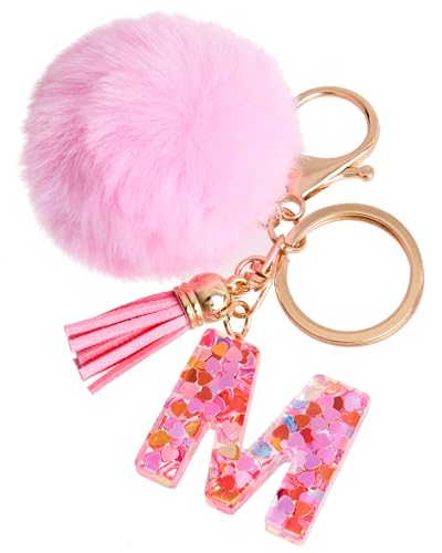 Vorysum Schlüsselanhänger Kinder Schlüssel Gold Schlüsselringe Herzförmig Buchstabe Anhänger Quaste Rosa Haarball Mit Anfangsbuchstaben Schlüsselanhänger Personalisiert Mädchen Keychain Geschenk（M） von Vorysum