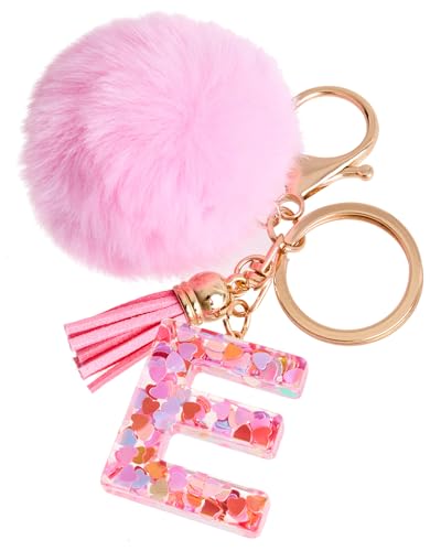 Vorysum Schlüsselanhänger Kinder Schlüssel Gold Schlüsselringe Herzförmig Buchstabe Anhänger Quaste Rosa Haarball Mit Anfangsbuchstaben Schlüsselanhänger Personalisiert Mädchen Keychain Geschenk（E） von Vorysum