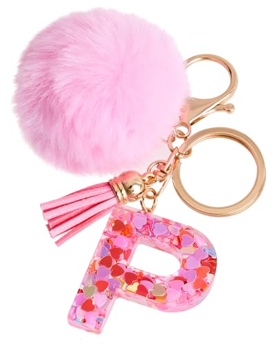 Vorysum Schlüsselanhänger Kinder Schlüssel Gold Schlüsselringe Herzförmig Buchstabe Anhänger Quaste Rosa Haarball Mit Anfangsbuchstaben Schlüsselanhänger Personalisiert Mädchen Keychain Geschenk（P） von Vorysum