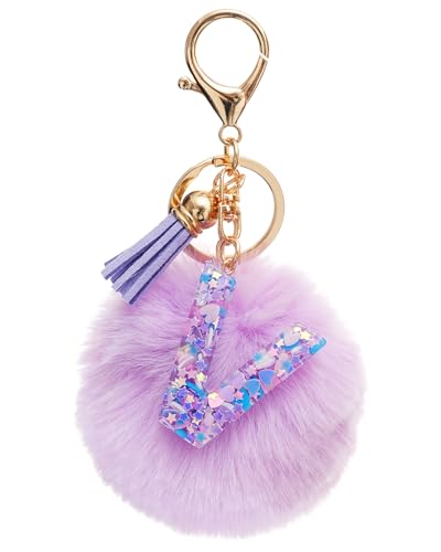 Vorysum Schlüsselanhänger Mädchen Anhänger Quaste Lila Haarball Mit Anfangsbuchstaben Schlüssel Gold Schlüsselringe Blumen Buchstabe Kinder Schlüsselanhänger Personalisiert Keychain Geschenk （V） von Vorysum