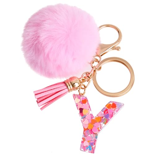 Vorysum Schlüsselanhänger Mädchen Anhänger Quaste Rosa Haarball Mit Anfangsbuchstaben Schlüssel Gold Schlüsselringe Herzförmig Buchstabe Kinder Schlüsselanhänger Personalisiert Keychain Geschenk （Y） von Vorysum