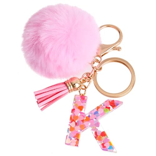 Vorysum Schlüsselanhänger Mädchen Anhänger Quaste Rosa Haarball Mit Anfangsbuchstaben Schlüssel Gold Schlüsselringe Herzförmig Buchstabe Kinder Schlüsselanhänger Personalisiert Keychain Geschenk（K） von Vorysum