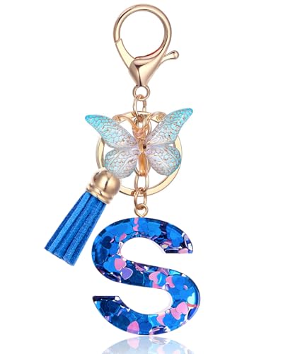 Vorysum Schlüsselanhänger Mädchen Schlüssel Buchstabe Anhänger Schmetterling Gold Schlüsselringe Mit Anfangsbuchstaben Blau Herzförmig Harz Schlüsselanhänger Personalisiert Frauen Keychain Geschenk-S von Vorysum