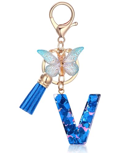Vorysum Schlüsselanhänger Mädchen Schlüssel Buchstabe Anhänger Schmetterling Gold Schlüsselringe Mit Anfangsbuchstaben Blau Herzförmig Harz Schlüsselanhänger Personalisiert Frauen Keychain Geschenk-V von Vorysum