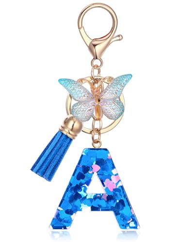 Vorysum Schlüsselanhänger Mädchen Schlüssel Buchstabe Anhänger Schmetterling Gold Schlüsselringe Mit Anfangsbuchstaben Blau Herzförmig Harz Schlüsselanhänger Personalisiert Frauen Keychain Geschenk-A von Vorysum