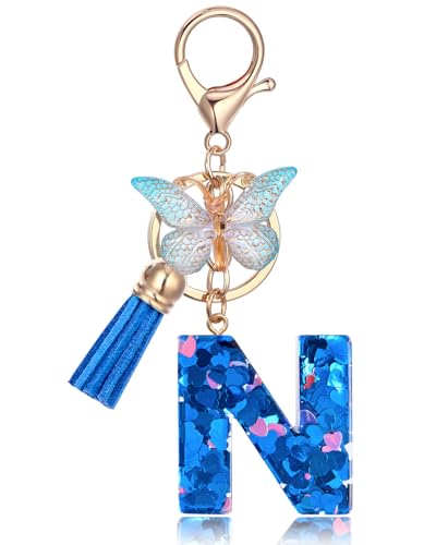 Vorysum Schlüsselanhänger Mädchen Schlüssel Buchstabe Anhänger Schmetterling Gold Schlüsselringe Mit Anfangsbuchstaben Blau Herzförmig Harz Schlüsselanhänger Personalisiert Frauen Keychain Geschenk-N von Vorysum