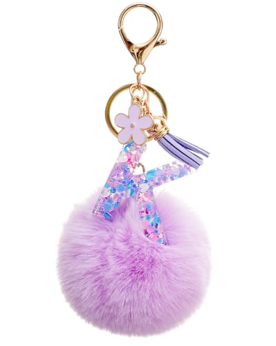 Vorysum Schlüsselanhänger Mädchen Schlüssel Gold Schlüsselringe Buchstabe Anhänger Quaste Blumen Lila Haarball Mit Anfangsbuchstaben Schlüsselanhänger Personalisiert Kinder Keychain Geschenk（K） von Vorysum