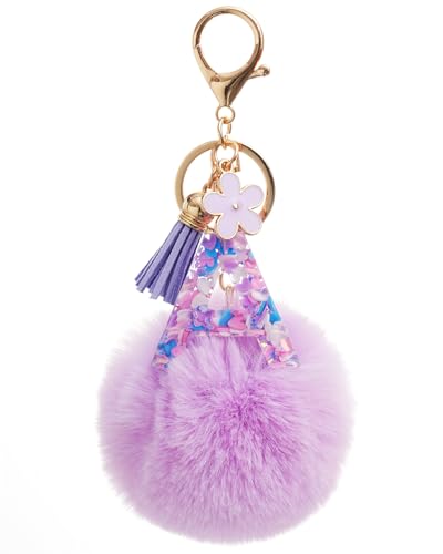Vorysum Schlüsselanhänger Mädchen Schlüssel Gold Schlüsselringe Buchstabe Anhänger Quaste Blumen Lila Haarball Mit Anfangsbuchstaben Schlüsselanhänger Personalisiert Kinder Keychain Geschenk（A） von Vorysum
