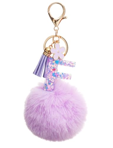 Vorysum Schlüsselanhänger Mädchen Schlüssel Gold Schlüsselringe Buchstabe Anhänger Quaste Blumen Lila Haarball Mit Anfangsbuchstaben Schlüsselanhänger Personalisiert Kinder Keychain Geschenk（F） von Vorysum
