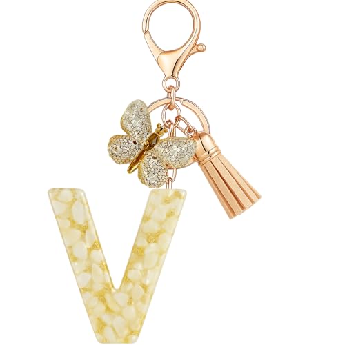 Vorysum Schlüsselanhänger Mädchen Schlüssel Schmetterling Buchstabe Anhänger Beige Marmor Harz Mit Anfangsbuchstaben Gold Schlüsselringe Kinder Schlüsselanhänger Personalisiert Keychain Geschenk（V） von Vorysum