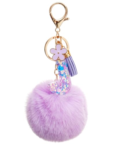 Vorysum Schlüsselanhänger Mädchen Tasche Hängende Ornamente Anhänger Quaste Lila Haarball Mit Anfangsbuchstaben Schlüssel Gold Schlüsselringe Buchstabe Kinder Personalisiert Keychain Geschenk （J） von Vorysum