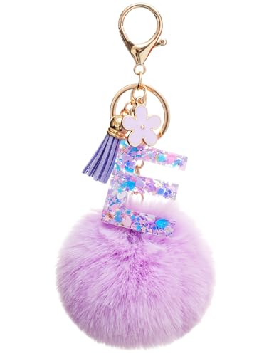 Vorysum Schlüsselanhänger Mädchen Tasche Hängende Ornamente Anhänger Quaste Lila Haarball Mit Anfangsbuchstaben Schlüssel Gold Schlüsselringe Buchstabe Kinder Personalisiert Keychain Geschenk （E） von Vorysum