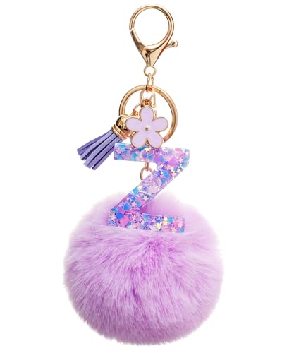 Vorysum Schlüsselanhänger Mädchen Tasche Hängende Ornamente Anhänger Quaste Lila Haarball Mit Anfangsbuchstaben Schlüssel Gold Schlüsselringe Buchstabe Kinder Personalisiert Keychain Geschenk （Z） von Vorysum