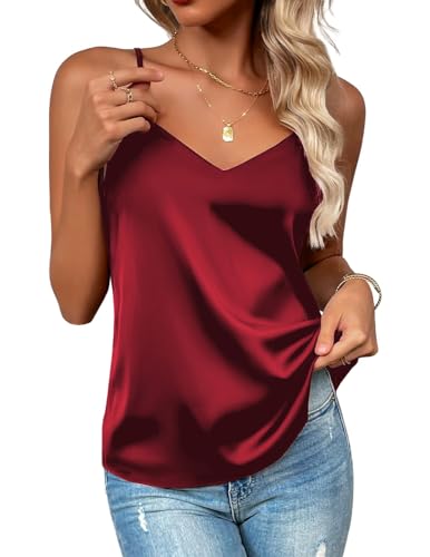 Vossmi Damen Raso Shirt Ärmelloses Satin Tank Top Mode Blusen V-Ausschnitt Cami Tops Verstellbare Spaghetti Bluse Top T-Shirt(Burgunderrot,XL) von Vossmi