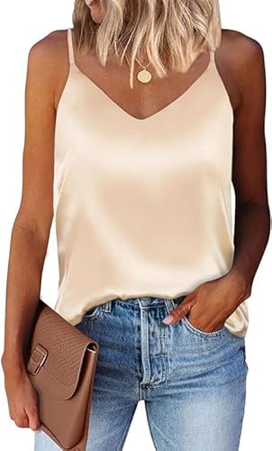 Vossmi Damen Raso Shirt Ärmelloses Satin Tank Top Mode Blusen V-Ausschnitt Cami Tops Verstellbare Spaghetti Bluse Top T-Shirt von Vossmi
