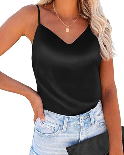 Vossmi Damen Raso Shirt Ärmelloses Satin Tank Top Mode Blusen V-Ausschnitt Cami Tops Verstellbare Spaghetti Bluse Top T-Shirt von Vossmi