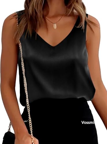 Vossmi Damen Satin Sommer Basic Tank Top Casual V-Ausschnitt Tank Shirt Elegant Ärmellos Satin Tank Tops(Schwarz,S) von Vossmi