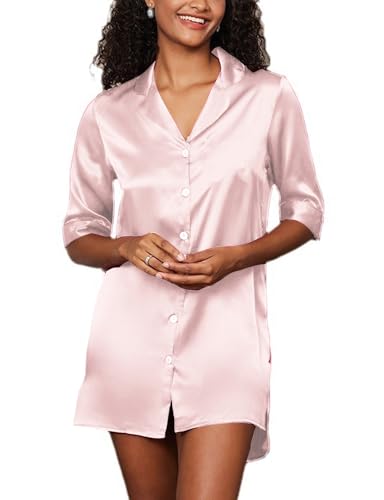 Vossmi Damen Seide Satin Pyjama Nachthemd mit V-Ausschnitt Petticoat 3/4 Knopf Ärmel Kurze Nacht Kleid Robe von Vossmi