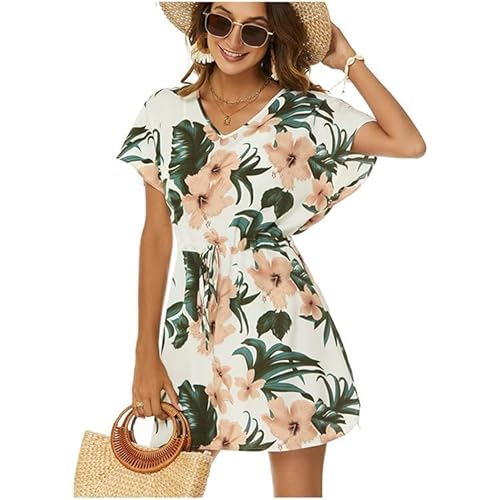 Vossmi Damen Strandkleid Bikini Cover Up Sommer Freizeitkleider Strandurlaub V Ausschnitt Kur Sommerkleider Bikini Cover Strandkleid zarm Elastikbund Chiffon Strandponcho von Vossmi