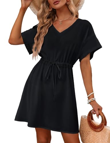 Vossmi Damen Strandkleid Bikini Cover Up Sommer Freizeitkleider Strandurlaub V Ausschnitt Kur Sommerkleider Bikini Cover Strandkleid zarm Elastikbund Chiffon Strandponcho von Vossmi