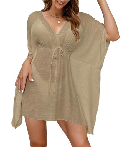 Vossmi Sommerkleid Damen Leinenkleider Strandkleid Tunika Sommer Strand Kleider Swimsuit Beach Cover Up Dress Sommer Outfits Tops Khaki von Vossmi