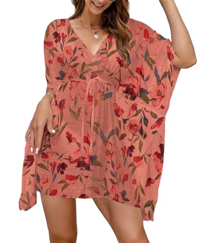 Vossmi Sommerkleid Damen Leinenkleider Strandkleid Tunika Sommer Strand Kleider Swimsuit Beach Cover Up Dress Sommer Outfits Tops Rosa Blume von Vossmi