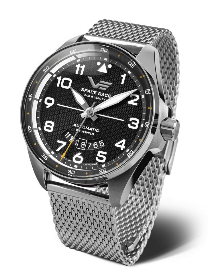 Vostok Europe Automatikuhr Space Race 325A745-B, 47 mm – Herrenuhr mit schwarzem Zifferblatt, & Milanaise-Edelstahlband von Vostok Europe