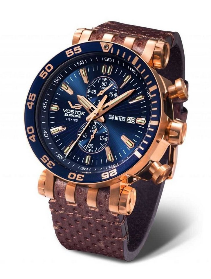 Vostok Europe Chronograph Energia Rocket 575B590-L – Lederarmband, 48 mm, 30 ATM wasserdicht, mit Tritium-Beleuchtung und zusätzlichem Silikonarmband von Vostok Europe
