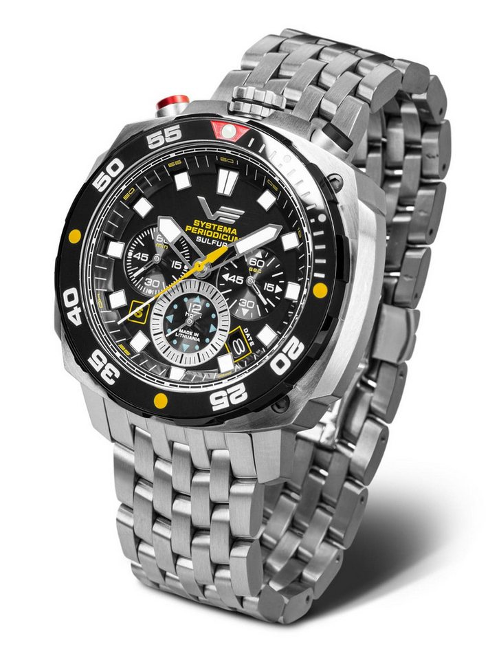 Vostok Europe Chronograph Systema Periodicum Sulfur Chronograph – Herrenuhr 45,5 mm, Gelb-Schwarz, 20 ATM, Quarz von Vostok Europe