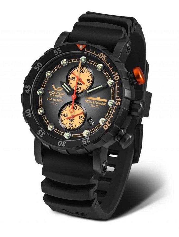 Vostok Europe Chronograph Nuclear Submarine Herrenuhr 571C611 Silikonband 46 mm, mit Lederband von Vostok Europe