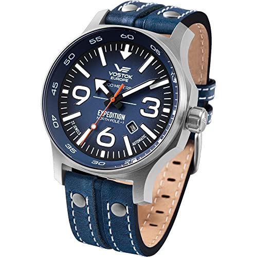 Vostok Europe YN55 Expedition Nordpol 1 Herrenuhr mit Mehreren Nieten, Lederband Automatisches Datum, Blau/Blau, Gurt von Vostok Europe