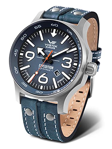 Vostok Europe YN55 Expedition Nordpol 1 Herrenuhr mit Mehreren Nieten, Lederband Automatisches Datum, Blau/Blau, Gurt von Vostok Europe