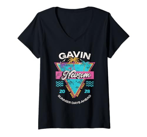 Damen Gavin Newsom 2028 für Präsident Palm Tree, 80er-Jahre, inspirierend T-Shirt mit V-Ausschnitt Damen Gavin Newsom 2028 für Präsident Palm Tree, 80er-Jahre, inspirierend T-Shirt mit V-Ausschnitt von Vote Gavin Newsom Election Democrat Vintage