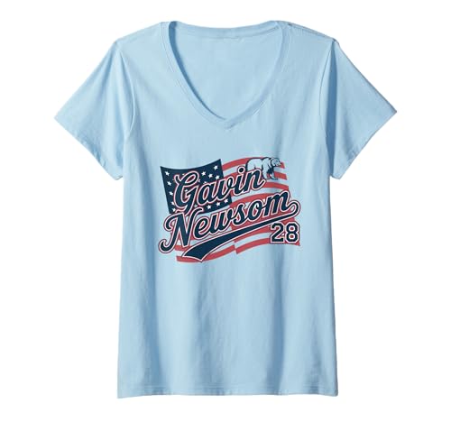 Damen Gavin Newsom 2028 für Präsident Bear, US-Flagge, patriotisch T-Shirt mit V-Ausschnitt von Vote Newsom '28 Vintage USA Flag Democrat