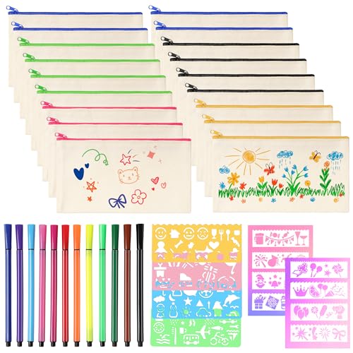 Votoko 18 Stück DIY Stoff Federmäppchen, Leinwand Federmäppchen zum Bemalen, Mäppchen zum bemalen, 12 Buntstift, 12 DIY Malschablonen, DIY Blanko Stoffbeutel für Kosmetiktasche zum Bemalen 21x12 cm von Votoko