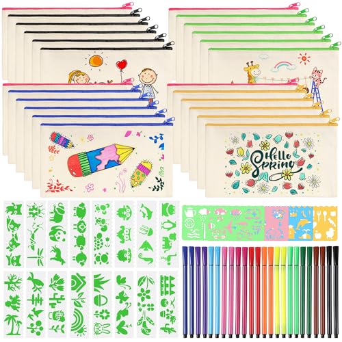 Votoko 24 Stück DIY Stoff Federmäppchen, Leinwand Federmäppchen zum Bemalen, Mäppchen zum bemalen, 24 Buntstift, 20 DIY Malschablonen, DIY Blanko Stoffbeutel für Kosmetiktasche zum Bemalen 21x12 cm von Votoko