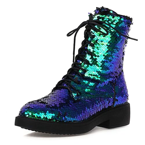 Voviggiw Black Glitzer Knöchel Stiefel for Damen Schnüren Runde Zehen Kampfstiefel Chunky Heel Sequin Stiefelettens Große 38 von Voviggiw