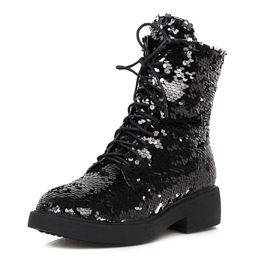 Voviggiw Black Glitzer Knöchel Stiefel for Damen Schnüren Runde Zehen Kampfstiefel Chunky Heel Sequin Stiefelettens Große 38 von Voviggiw