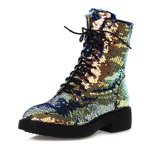 Voviggiw Black Glitzer Knöchel Stiefel for Damen Schnüren Runde Zehen Kampfstiefel Chunky Heel Sequin Stiefelettens Große 43 von Voviggiw