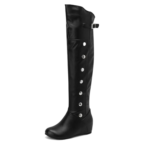 Voviggiw Black Schnalle Oberschenkel Stiefel for Damen Runde Zehen Über dem Knie Stiefel Hide Keilabsatz Schlupf Tall Stiefel Große 39 von Voviggiw