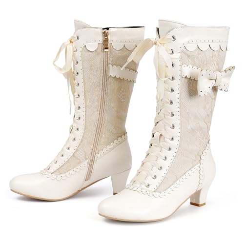 Voviggiw Damen-Stiefel im Vintage-Stil im viktorianischen Stil mittelhohe Reißverschluss Kostüm Renaissance-Schuhe mittelhoher Absatz Hochzeitskleid-Stiefel mit Schleifen beige Markierung Größe 41 von Voviggiw
