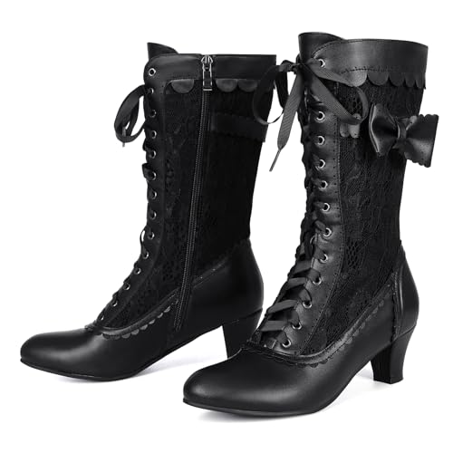 Voviggiw Damen-Stiefel im Vintage-Stil viktorianische Stiefel mittlere Waden Reißverschluss Kostüm Renaissance-Schuhe mittelhoher Absatz Hochzeitskleid-Stiefel Schleifen Schwarze Markierung Größe 37 von Voviggiw