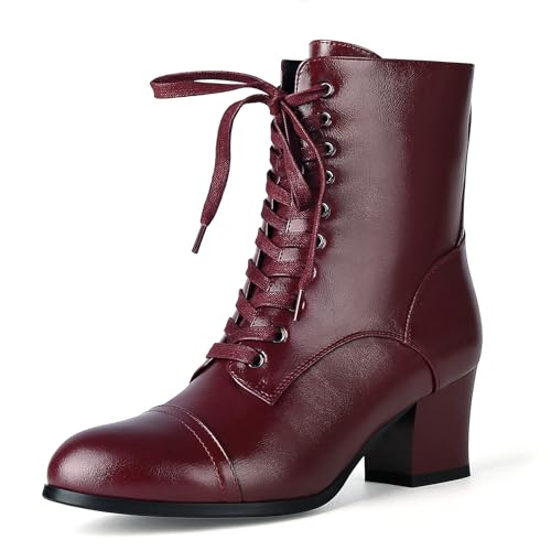 Voviggiw Damen Viktorianische Stiefel Kurzschaft Knöchel Stiefel Schnüren Stiefeletten for Damen Side Reißverschlussper Block Chunky Mid Heel Burgundy Große 44 von Voviggiw