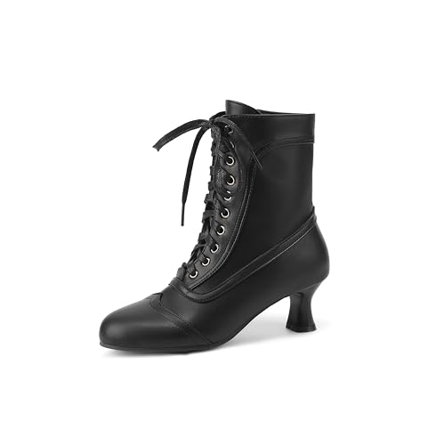Voviggiw Damen Viktorianische Stiefel Schnüren Knöchel Stiefel Runde Zehen Kitten Heel vintage Stiefelettens Side Reißverschlussper Black Große 47 von Voviggiw
