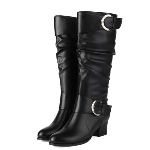 Voviggiw Damen Weiter Schaft Knielange Schlaffer Schaft Stiefel Runde Spitze Schnallenriemen Reitstiefel Block Mittelhoher Absatz Knielange Stiefel Seitenreißverschluss Schwarz Größenangabe 38 von Voviggiw