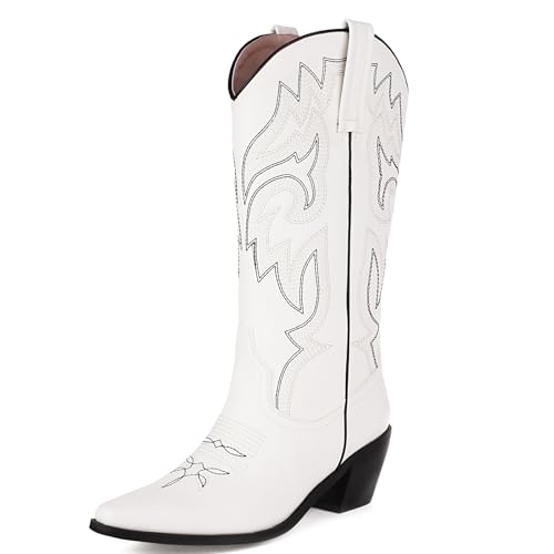 Voviggiw Frauen Mid Calf Cowboystiefel Bestickte Westernstiefel Cowgirl Stiefel Weiß Mark Größe 43 von Voviggiw