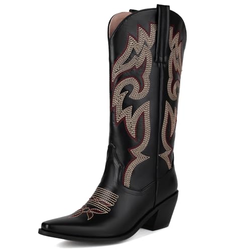 Voviggiw Frauen Mittelgroße Cowboystiefel Bestickte Westernstiefel Cowmädchenstiefel Schwarz Mark Größe 41 von Voviggiw