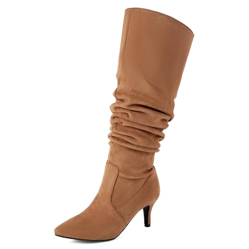 Voviggiw Mode Damen Slouchy Kniehoch Stiefel Wildleder Schlupf Kitten Heel Stiefel Pointed Toe Ohne Verschluss Stiefel Brown Große 48 von Voviggiw